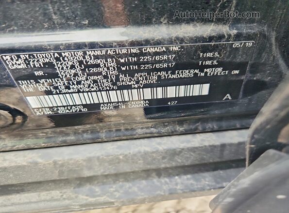 2T3RWRFV8KW013476 2019 TOYOTA RAV4 Black Вид наклейки з VIN-кодом