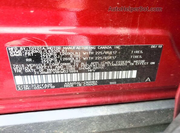 2T3RWRFV8KW021884 2019 TOYOTA RAV4 Red Вид наклейки з VIN-кодом