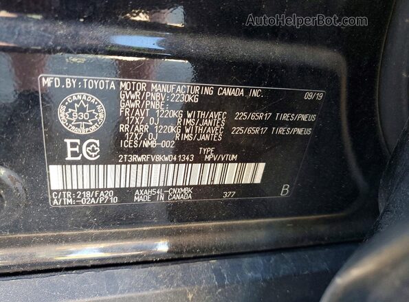2T3RWRFV8KW041343 2019 TOYOTA RAV4 Black VIN კოდის სტიკერის ხედი