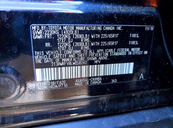 2T3RWRFV8LW058242 2020 TOYOTA RAV4 Черный Вид наклейки с VIN-кодом