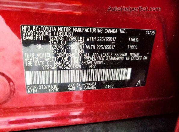 2T3RWRFV8SW294629 2025 TOYOTA RAV4 Red VIN կոդի պիտակի տեսք