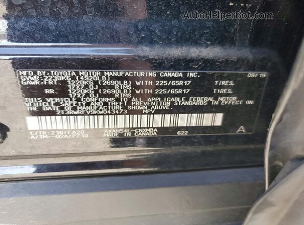 2T3RWRFV9KW043473 2019 TOYOTA RAV4 Black VIN კოდის სტიკერის ხედი