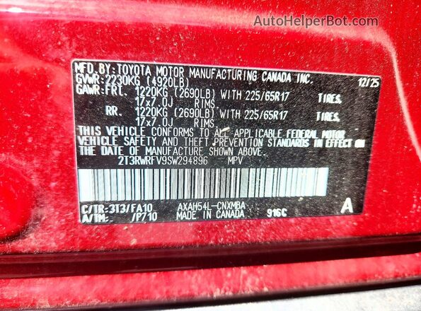 2T3RWRFV9SW294896 2025 TOYOTA RAV4 Maroon VIN sticker view