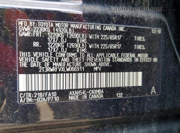 2T3RWRFVXLW066911 2020 TOYOTA RAV4 Black Vista de la etiqueta del VIN