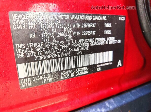 2T3RWRFVXRW196616 2024 TOYOTA RAV4 Burgundy VIN კოდის სტიკერის ხედი
