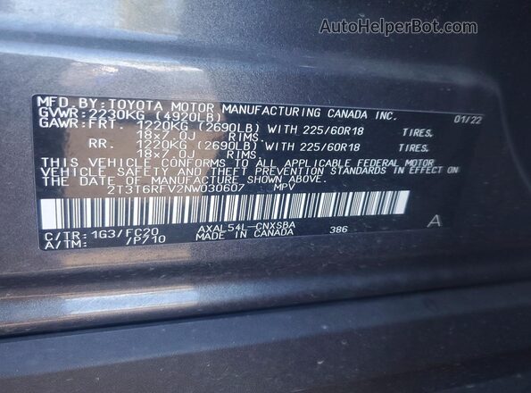 2T3T6RFV2NW030607 2022 TOYOTA RAV4 Gray 360 interior view