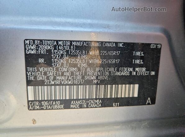 2T3W1RFV0KW018317 2019 TOYOTA RAV4 Серебряный Вид наклейки с VIN-кодом