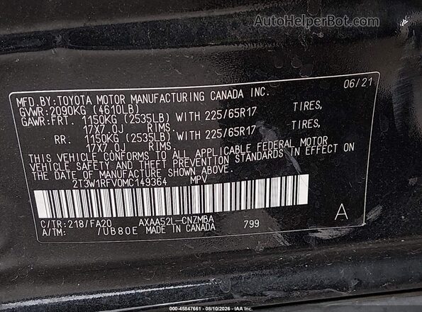2T3W1RFV0MC149364 2021 TOYOTA RAV4 Black Вид підкапотного простору