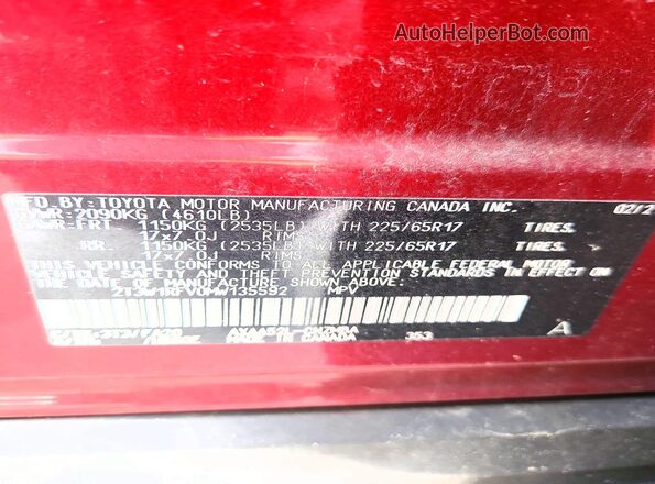 2T3W1RFV0MW135592 2021 TOYOTA RAV4 Red VIN კოდის სტიკერის ხედი