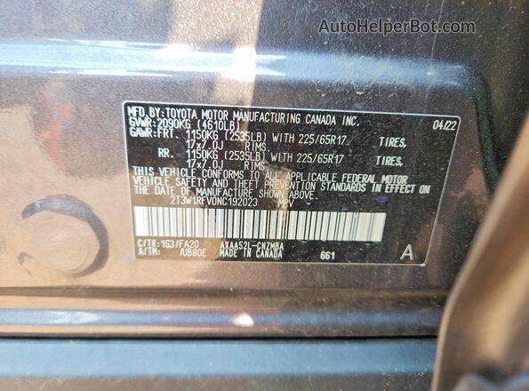 2T3W1RFV0NC192023 2022 TOYOTA RAV4 Gray VIN կոդի պիտակի տեսք