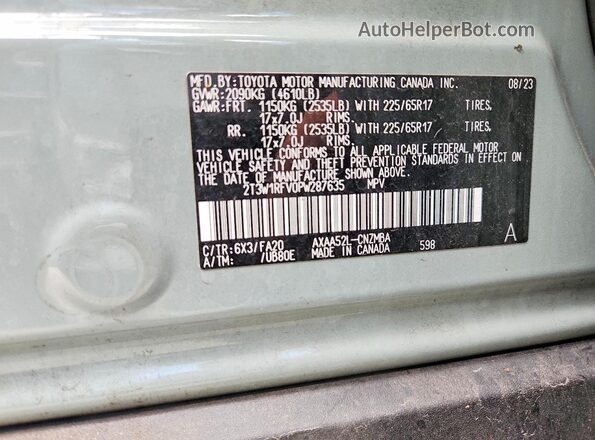 2T3W1RFV0PW287635 2023 TOYOTA RAV4 Зеленый Вид наклейки с VIN-кодом