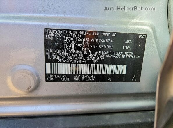 2T3W1RFV0RC266742 2024 TOYOTA RAV4 Silver Widok naklejki z numerem VIN