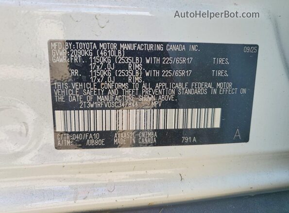 2T3W1RFV0SC347844 2025 TOYOTA RAV4 White VIN sticker view