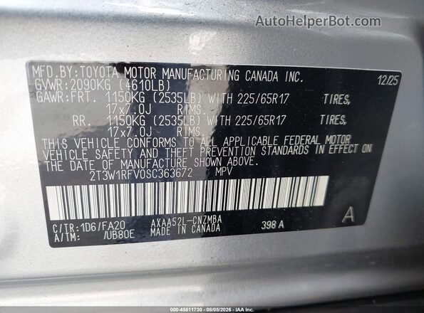 2T3W1RFV0SC363672 2025 TOYOTA RAV4 Silver ძრავის განყოფილების ხედი