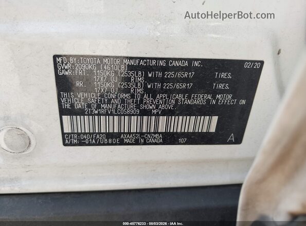 2T3W1RFV1LC058909 2020 TOYOTA RAV4 White Widok komory silnika