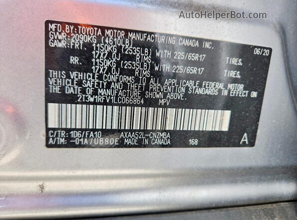 2T3W1RFV1LC066864 2020 TOYOTA RAV4 Silver Вид наклейки з VIN-кодом