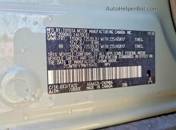 2T3W1RFV1MW116405 2021 TOYOTA RAV4 Gray VIN կոդի պիտակի տեսք