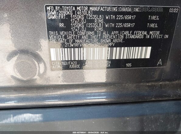 2T3W1RFV1NC184920 2022 TOYOTA RAV4 Gray Vista del compartimento del motor