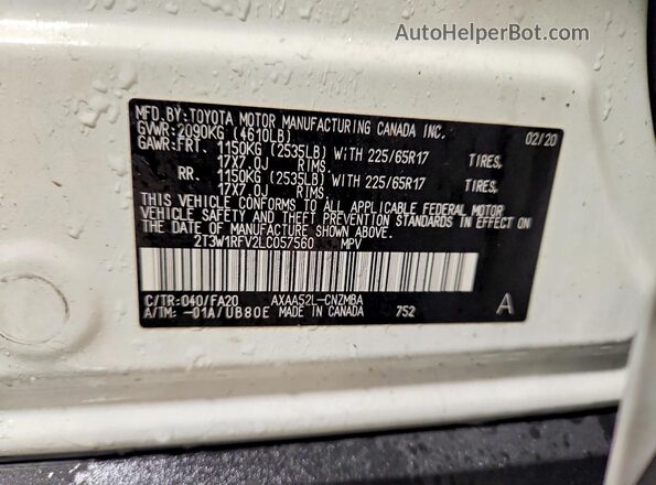 2T3W1RFV2LC057560 2020 TOYOTA RAV4 White Շարժիչի բաժամունքի տեսք