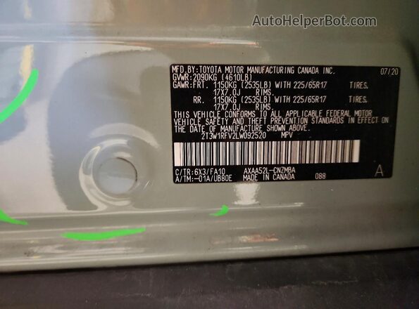 2T3W1RFV2LW092520 2020 TOYOTA RAV4 Gray VIN կոդի պիտակի տեսք