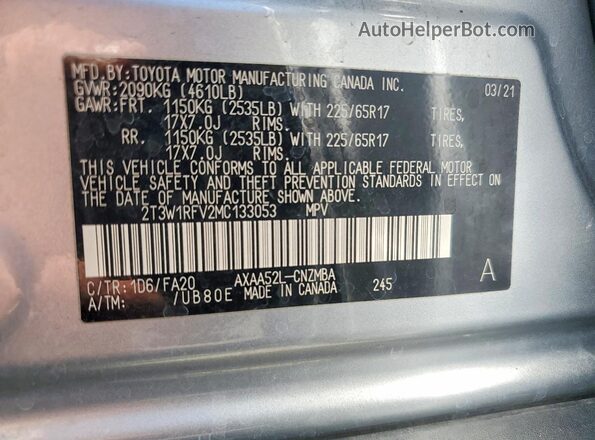 2T3W1RFV2MC133053 2021 TOYOTA RAV4 Silver VIN sticker view