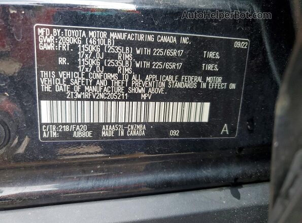 2T3W1RFV2NC205211 2022 TOYOTA RAV4 Black Вид наклейки з VIN-кодом