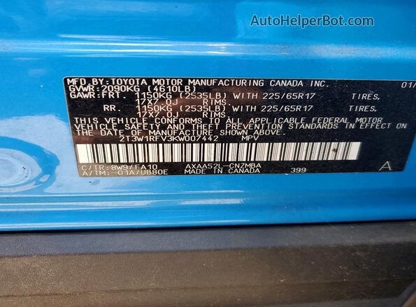 2T3W1RFV3KW007442 2019 TOYOTA RAV4 Бирюзовый Вид наклейки с VIN-кодом