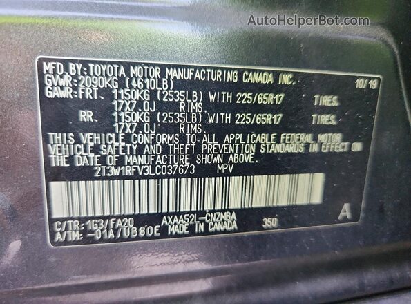 2T3W1RFV3LC037673 2020 TOYOTA RAV4 Gray Vista de la etiqueta del VIN