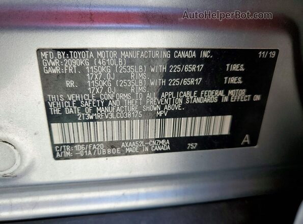 2T3W1RFV3LC038175 2020 TOYOTA RAV4 Silver Vista de la etiqueta del VIN