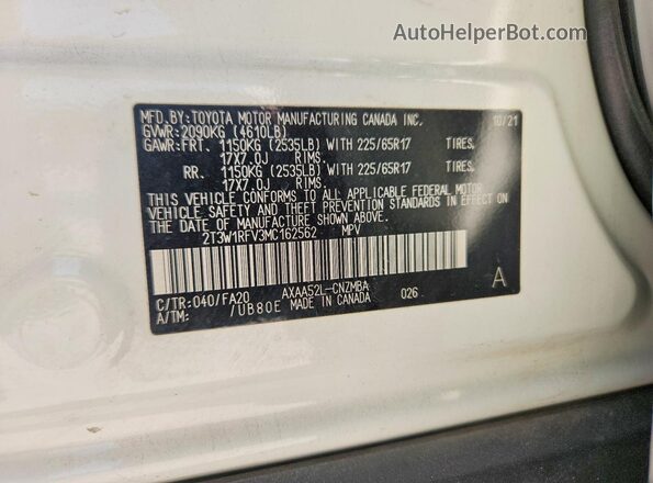 2T3W1RFV3MC162562 2021 TOYOTA RAV4 White Widok wnętrza 360 stopni