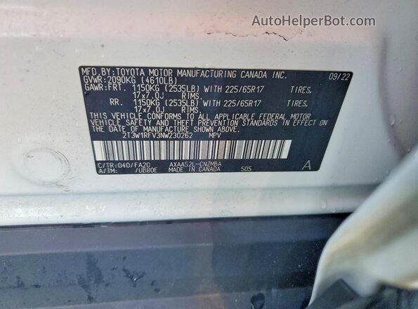 2T3W1RFV3NW230262 2022 TOYOTA RAV4 White VIN sticker view
