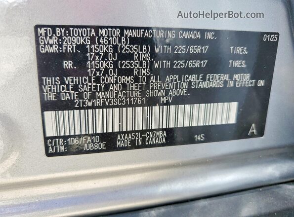 2T3W1RFV3SC311761 2025 TOYOTA RAV4 Серебряный Вид наклейки с VIN-кодом