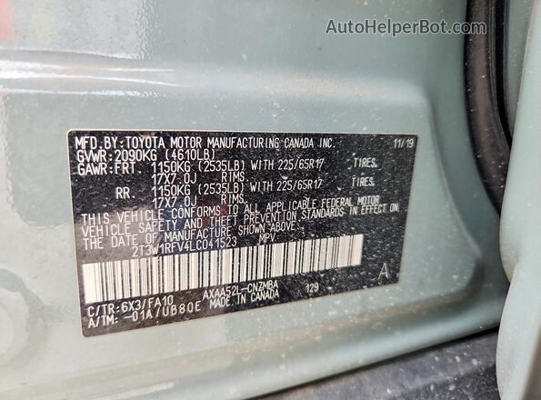 2T3W1RFV4LC041523 2020 TOYOTA RAV4 Gray Вид наклейки з VIN-кодом