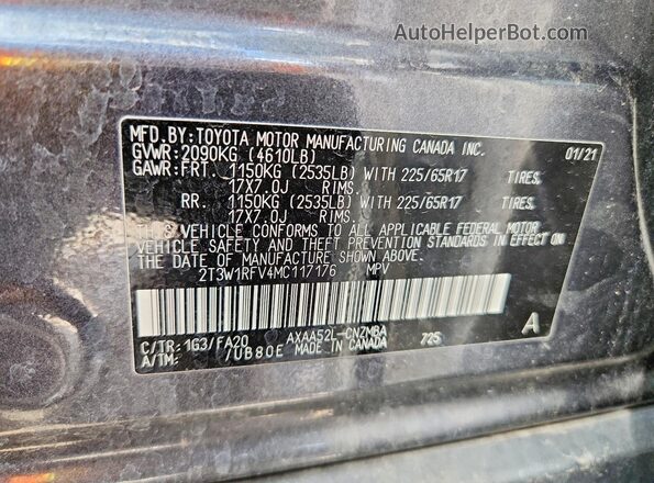 2T3W1RFV4MC117176 2021 TOYOTA RAV4 Charcoal ძრავის განყოფილების ხედი