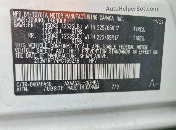 2T3W1RFV4MC169276 2021 TOYOTA RAV4 White VIN sticker view