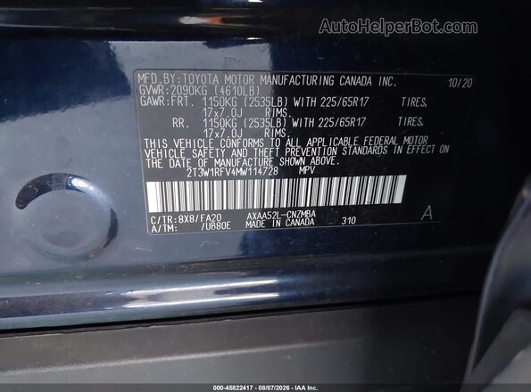 2T3W1RFV4MW114728 2021 TOYOTA RAV4 Синий Вид подкапотного пространства