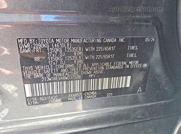 2T3W1RFV4RW337598 2024 TOYOTA RAV4 Серый Вид наклейки с VIN-кодом