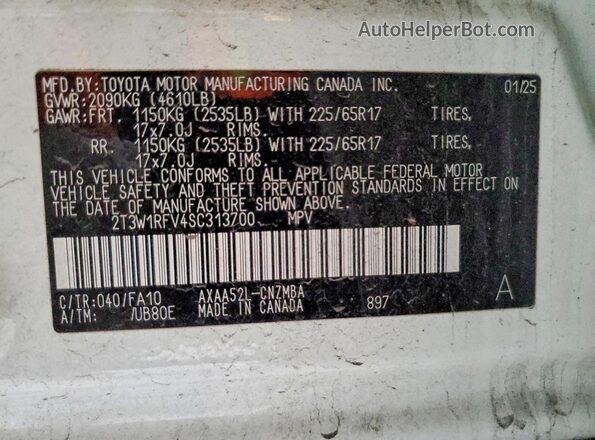 2T3W1RFV4SC313700 2025 TOYOTA RAV4 White Vista de la etiqueta del VIN