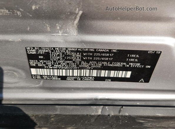 2T3W1RFV5KW032391 2019 TOYOTA RAV4 Gray Vista de la etiqueta del VIN