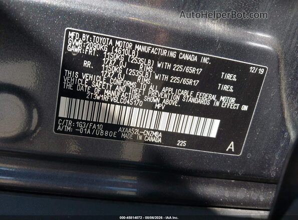 2T3W1RFV6LC045170 2020 TOYOTA RAV4 Gray Շարժիչի բաժամունքի տեսք