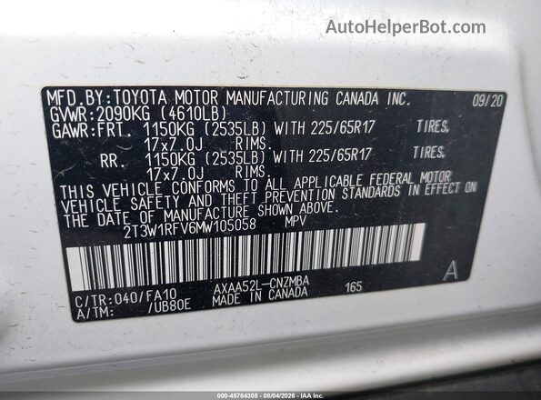 2T3W1RFV6MW105058 2021 TOYOTA RAV4 White ძრავის განყოფილების ხედი
