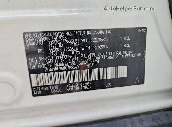 2T3W1RFV6NC188543 2022 TOYOTA RAV4 White Widok naklejki z numerem VIN