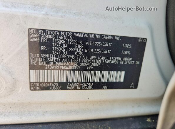 2T3W1RFV6RW303050 2024 TOYOTA RAV4 White VIN sticker view