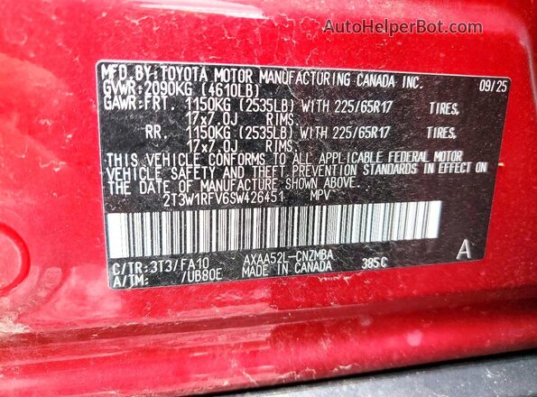 2T3W1RFV6SW426451 2025 TOYOTA RAV4 Burgundy VIN sticker view