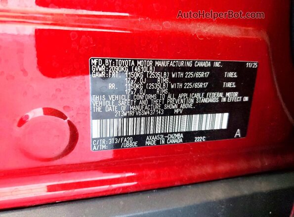 2T3W1RFV6SW437143 2025 TOYOTA RAV4 Красный Вид наклейки с VIN-кодом
