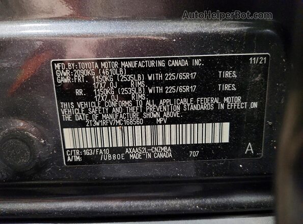2T3W1RFV7MC168560 2021 TOYOTA RAV4 Gray Widok wnętrza 360 stopni