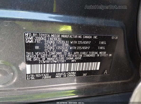 2T3W1RFV7MW121981 2021 TOYOTA RAV4 Gray ძრავის განყოფილების ხედი