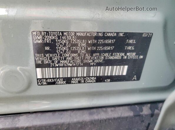 2T3W1RFV7MW141714 2021 TOYOTA RAV4 Серый Панорамный вид салона 360°