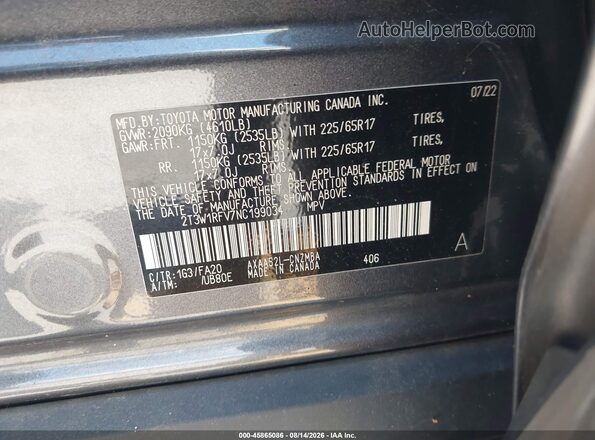 2T3W1RFV7NC199034 2022 TOYOTA RAV4 Gray ძრავის განყოფილების ხედი