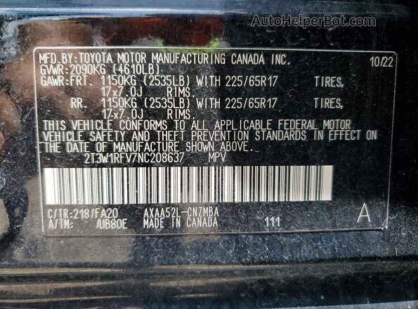 2T3W1RFV7NC208637 2022 TOYOTA RAV4 Black Widok naklejki z numerem VIN